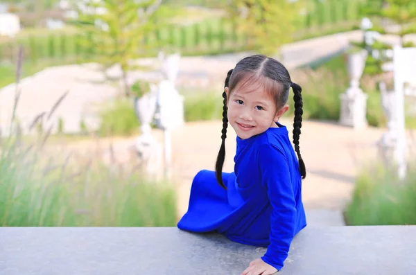 Adorable Little Asian Child Girl Sitting Stair Garden Looking Camera — Stock Photo, Image