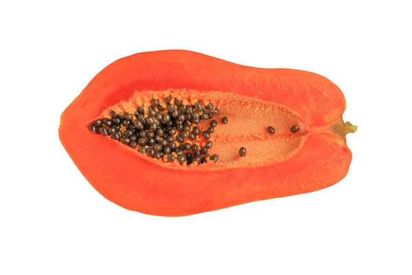 Fruto Medio Cortado Papaya Madura Con Semillas Aisladas Sobre Fondo — Foto de Stock