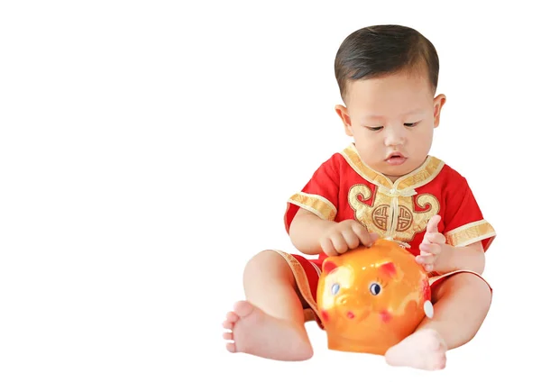 Mały Azjatycki Chłopca Tradycyjny Chiński Strój Oddanie Trochę Monet Skarbonka — Zdjęcie stockowe