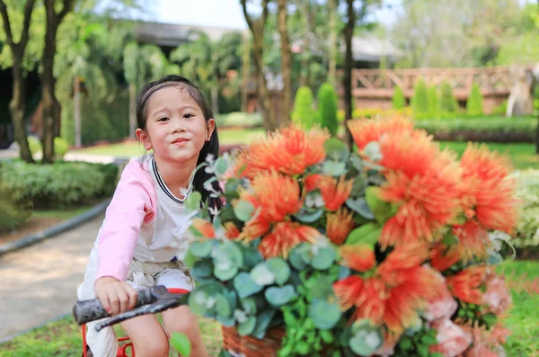 Cute Little Asian Girl Riding Bicycle Basket Flower Garden — Stock Photo, Image