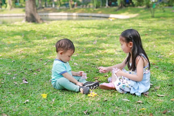 Enfants Asiatiques Jouant Ensemble Dans Jardin Pelouse Verte Soeur Jouer — Photo