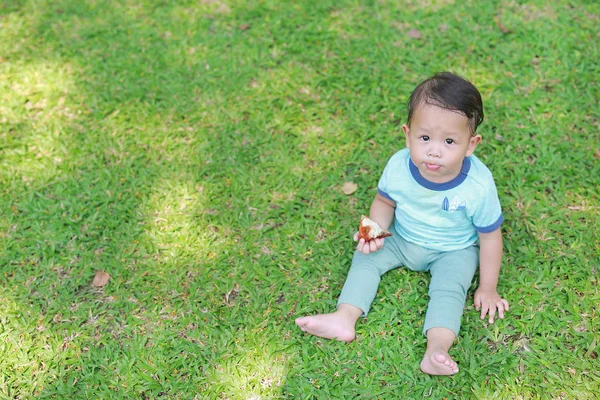 Asian Baby Boy Enjoy Eating Fried Chicken Green Garden Outdoor — Stock Photo, Image