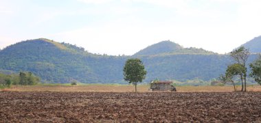 Eski yazlık dağ arka plan ile hasat sonra manzaralı.