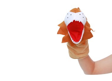 Hand wearing Lion puppets isolated on white background, Lion head. clipart