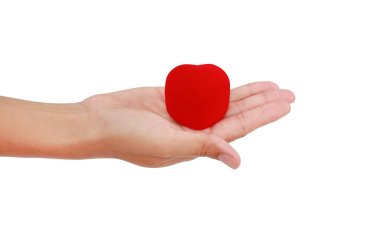 Sevgililer gününde beyaz arka plan üzerinde izole küçük hediye kalp holding eller.