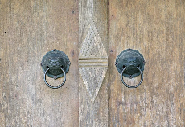 stock image An antique metal knocker on a wooden door