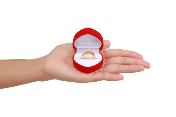 Hands Holding Red Gift Box Gold Wedding Ring Isolated White — Stock Photo, Image