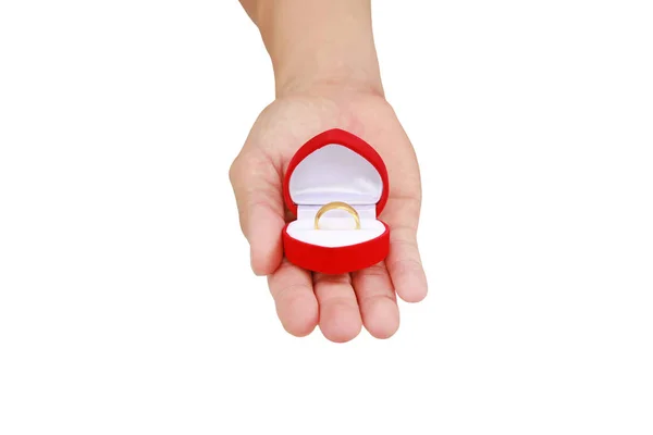 Hands Holding Red Gift Box Gold Wedding Ring Isolated White — Stock Photo, Image