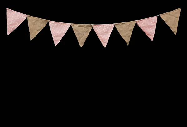 Hanging party flags decorations with copy space isolated on black background, Design vintage items for festival.