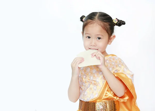 Beautiful Asian Child Girl Traditional Thai Dress Eating Sheet Dessert — Stock Photo, Image