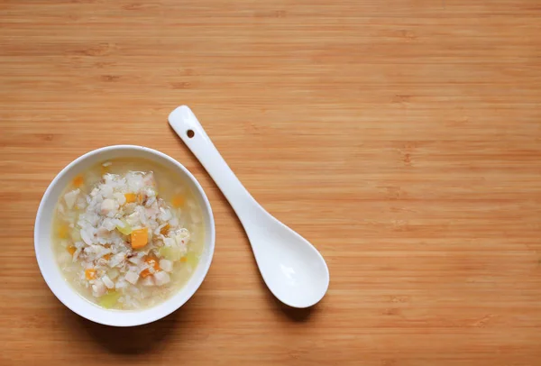 Porridge Pour Aliments Pour Bébés Dans Bol Une Cuillère Céramique — Photo