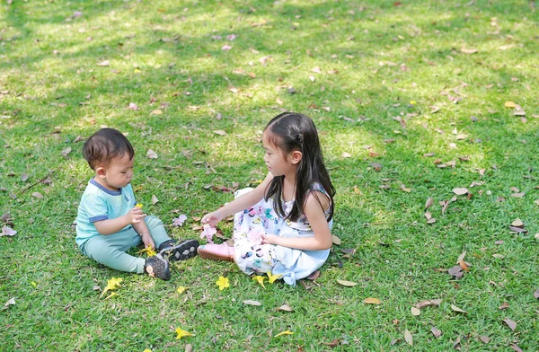 Crianças Asiáticas Brincando Juntas Jardim Gramado Verde Irmã Jogar Com — Fotografia de Stock