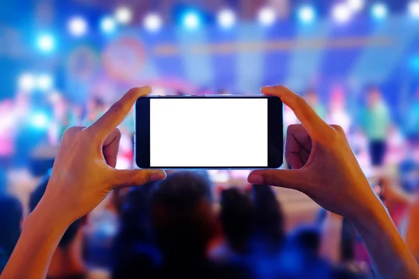 Hands Holding Mobile Smartphone Records Colorful Live Concert Blank White — Stock Photo, Image