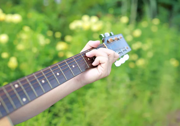 Doğa Parkında Gitar Çalmak Adamın Ellerini Yukarıya Kapatmak — Stok fotoğraf