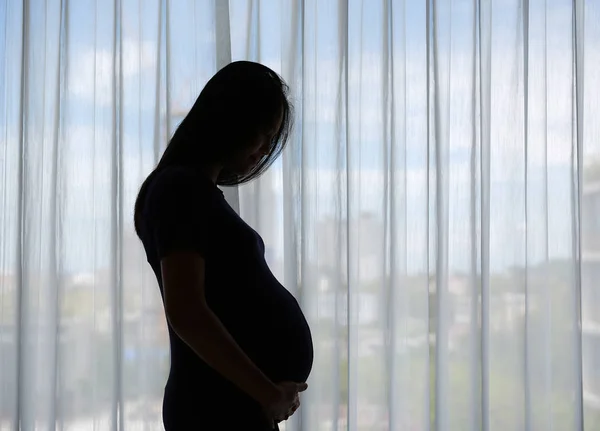 Σιλουέτα Της Έγκυος Ασίας Γυναίκα Στέκεται Κοντά Στο Παράθυρο Στο — Φωτογραφία Αρχείου