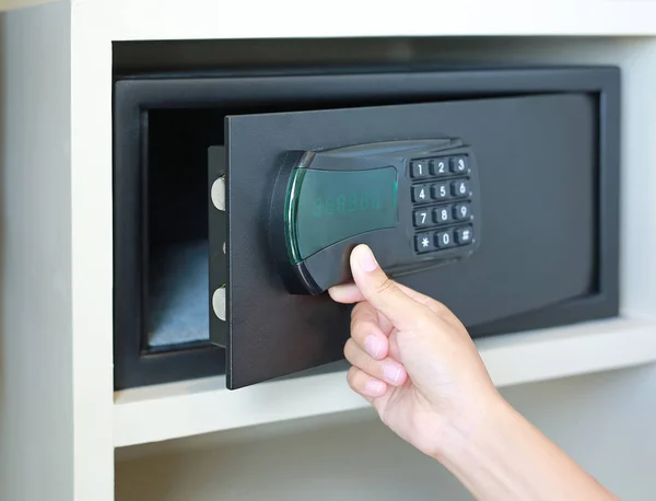 Woman Hand Opens Safe Hidden Wardrobe Hotel — Stock Photo, Image