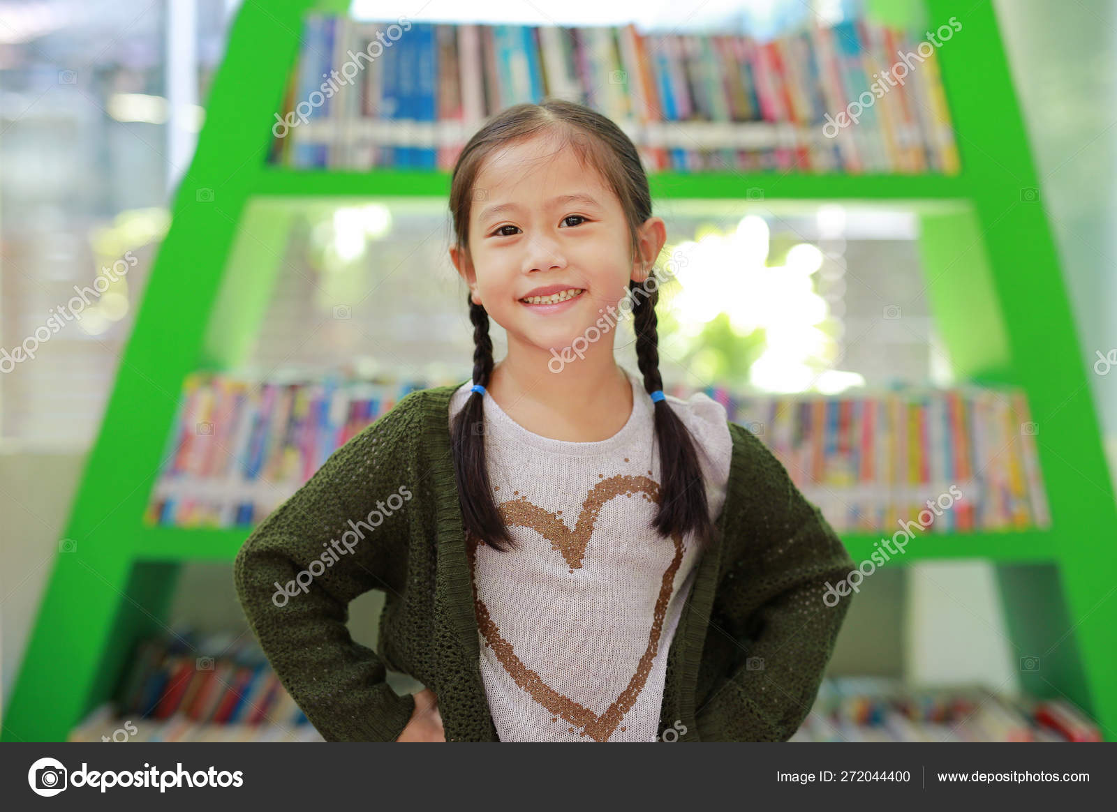 Smiling Little Asian Child Girl Bookshelf Library Children