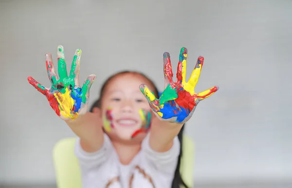 Smiling Little Cheerful Girl Showing Her Colorful Hands Cheek Painted — Stock Photo, Image