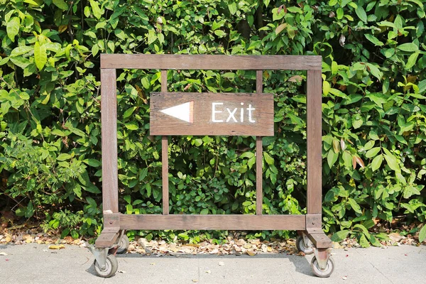Exit with arrow sign on wood board against green leaf wall background.