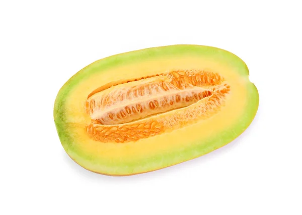 Melon Cantaloup Coupé Deux Sain Délicieux Isolé Sur Fond Blanc — Photo