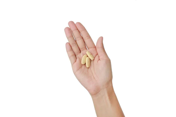 Hand Holding Yellow Pill Isolated White Background — Stock Photo, Image