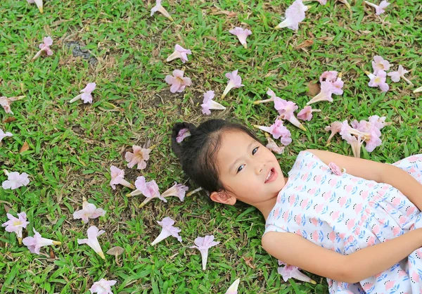 Gadis Kecil Yang Manis Berbaring Rumput Hijau Dengan Bunga Merah — Stok Foto