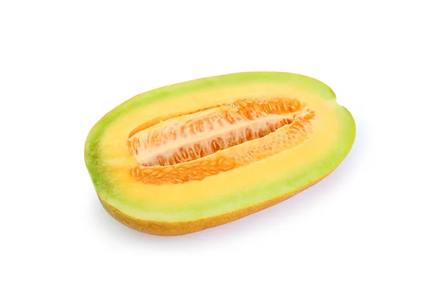 Melon Cantaloup Coupé Deux Sain Délicieux Isolé Sur Fond Blanc — Photo