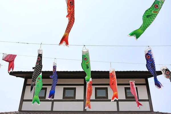 Japanese koi carp flag decoration blow in the wind. Carp streamer.