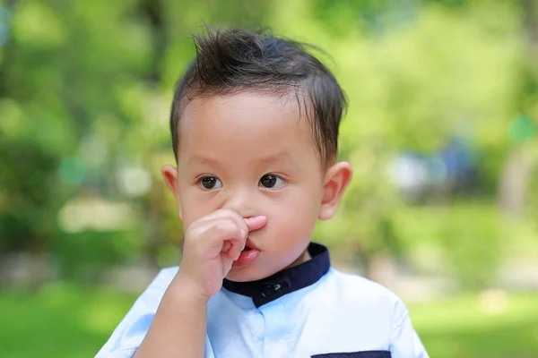 Ritratto Bambino Asiatico Che Sente Prurito Naso Giardino Primo Piano — Foto Stock