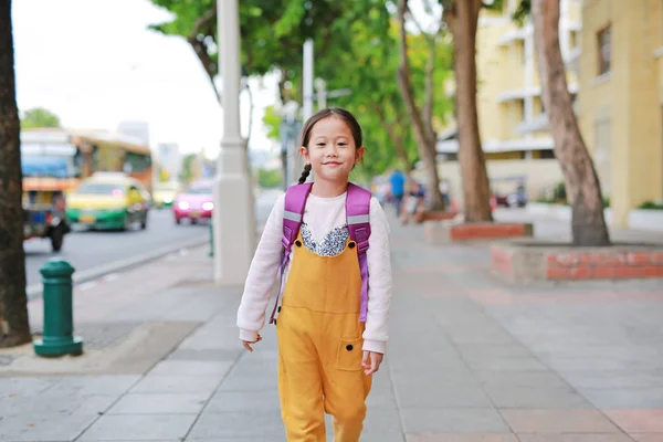 Happy Asian Child Girl Walking Student Shoulder Schoolbag Little Schoolgirl — Stock Photo, Image