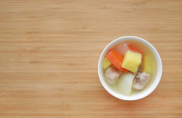 Bowl Pork Bone Soup Carrot Onion Potato Wood Board — Stock Photo, Image