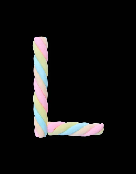 Marshmallows Alphabet Isoliert Auf Schwarzem Hintergrund — Stockfoto
