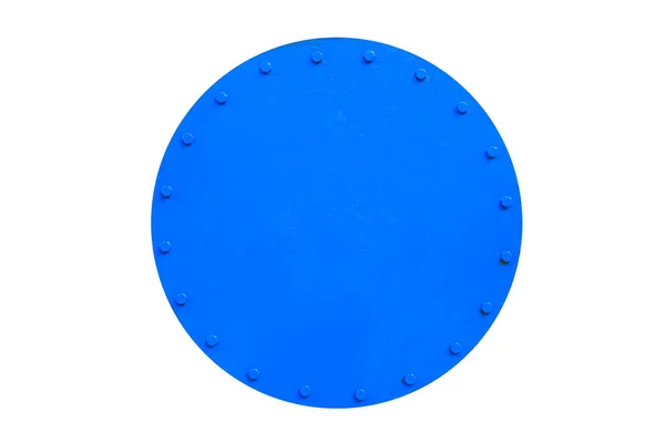 Μπλε Ζωγραφισμένα Στρογγυλή Μεταλλική Καταπακτή Δεξαμενής Ξηρούς Καρπούς Απομονωμένους Λευκό — Φωτογραφία Αρχείου
