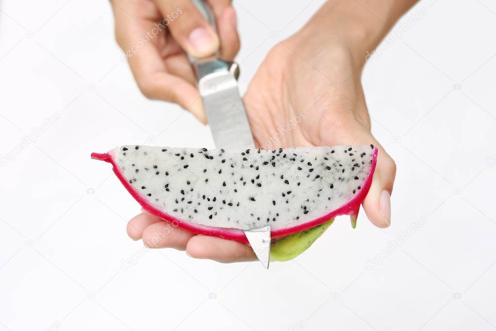 Woman hands cutting dragon fruit on white background.