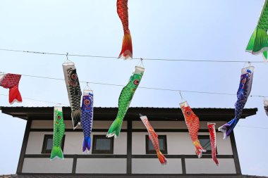 Japon koi sazan bayrak süslemesi Eski japonya evine karşı rüzgarda darbe. Sazan streamer.