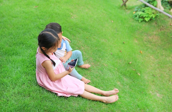 Older Asian Sister Hugs Little Brother Neck Shoulders Sitting Green — Stock Photo, Image