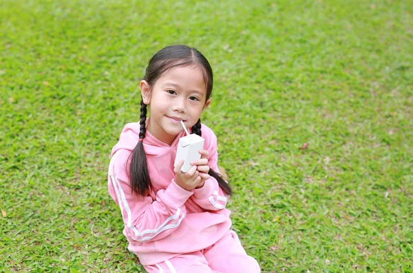 Portrait Little Asian Girl Sport Cloth Drinking Milk Box Straw — Stock Photo, Image
