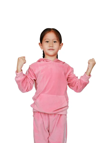 Portret Pięknej Dziewczynki Azjatki Różowym Dresie Lub Sportowej Tkaninie Postawą — Zdjęcie stockowe