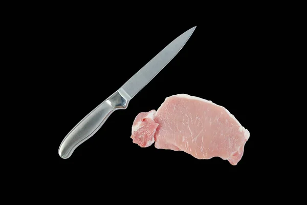 Нож Рубленая Свиная Вырезка Изолированы Черном Фоне — стоковое фото