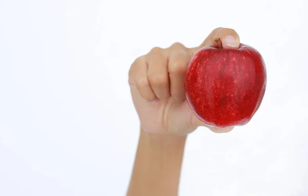 Female Hand Holding Showing Red Apple White Background — Stock Photo, Image
