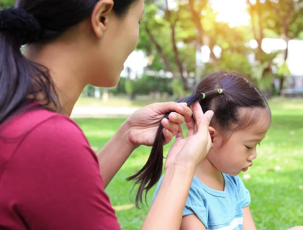 Potret Ibu Yang Mengikat Rambut Putrinya Taman Dua Rambut Ekor — Stok Foto