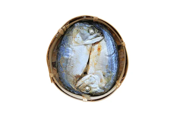 Raw Mackerel Fishes Bamboo Basket Isolated White Background — Stock Photo, Image