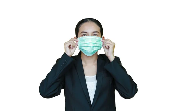 Portrait Asiatique Femme Affaires Portant Masque Blindage Médical Isolé Sur — Photo