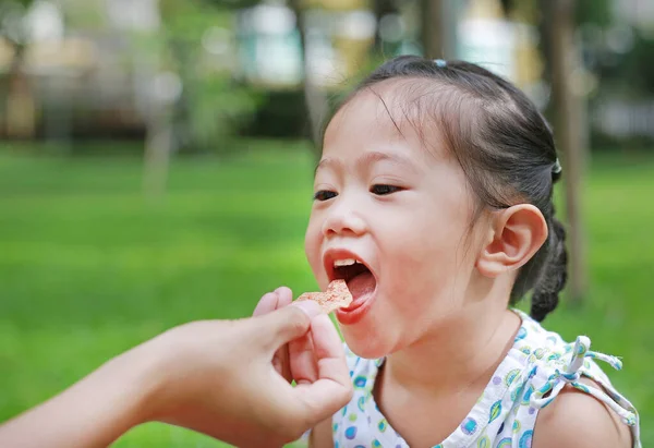 Kid Girl Jedzenie Przekąski Ręki Matki Ogrodzie — Zdjęcie stockowe
