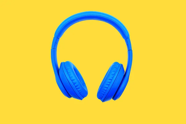 Blue Headphones Isolated Yellow Background Music Object Concept — Stock Photo, Image