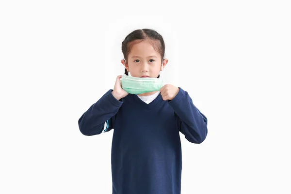 Portrait Asian Little Kid Girl Wearing Medical Mask Isolated White — Stok Foto