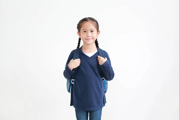 Asiatisk Liten Barn Flicka Casual School Uniform Med Ryggsäck Isolerad — Stockfoto