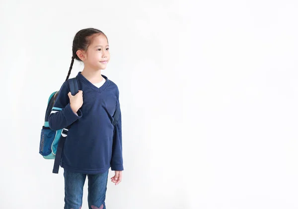 Porträtt Asiatisk Liten Flicka Casual School Uniform Med Ryggsäck Isolerad — Stockfoto