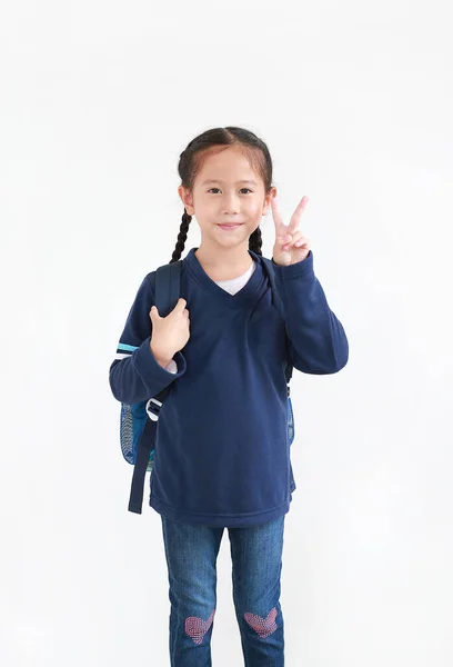 Linda Niña Asiática Uniforme Escolar Casual Con Mochila Mostrando Pelea —  Fotos de Stock