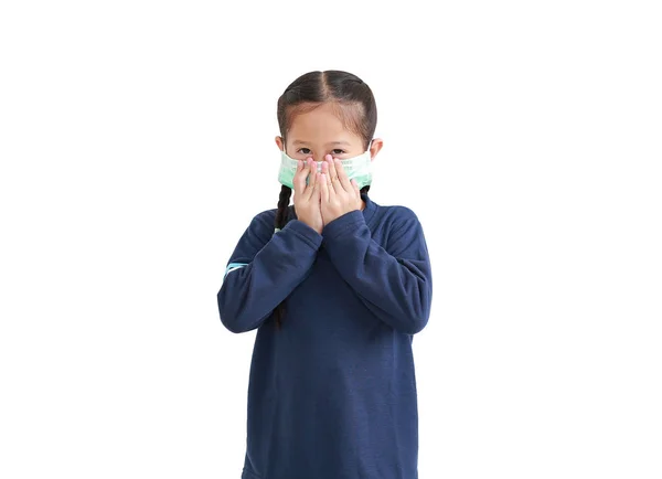 Portrait Asian Little Kid Girl Wearing Medical Mask Isolated White — Stok Foto